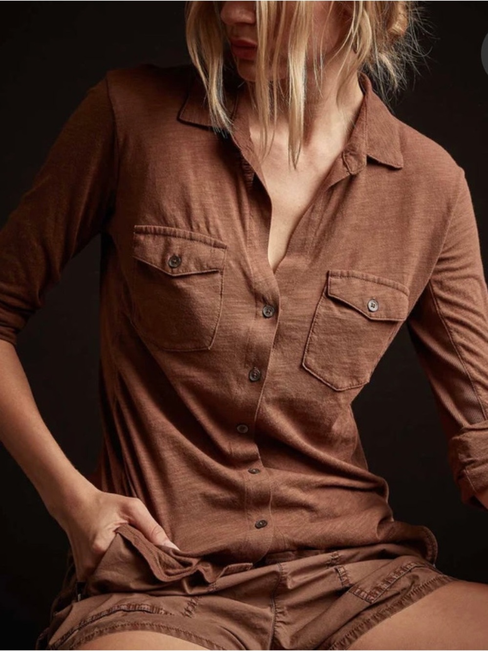 James Perse Rust Brown Lightweight Button-Down Shirt - Picture 3 of 7